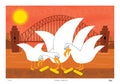 Illustration of white birds with a bridge and sun in the background