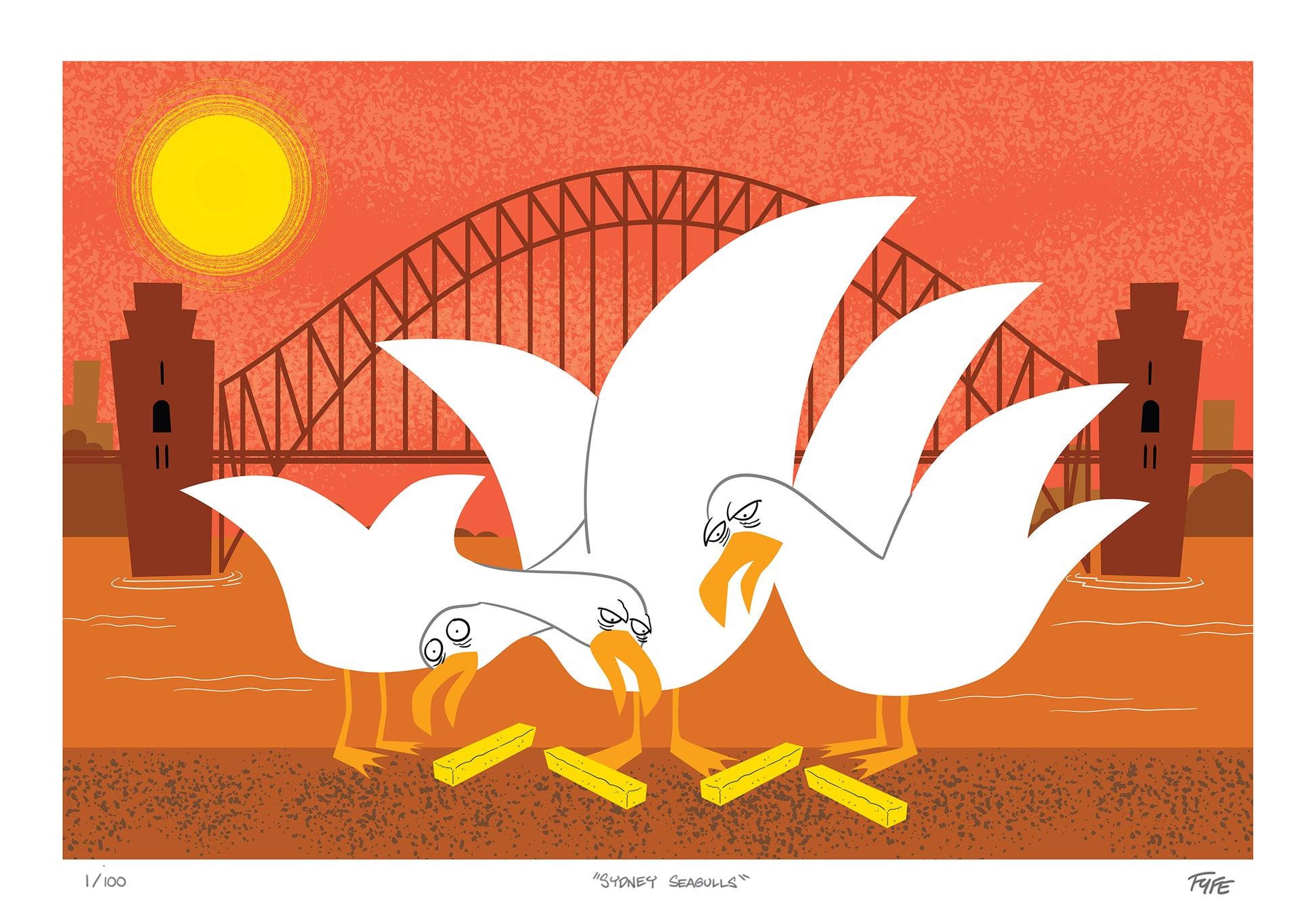 Illustration of white birds with a bridge and sun in the background