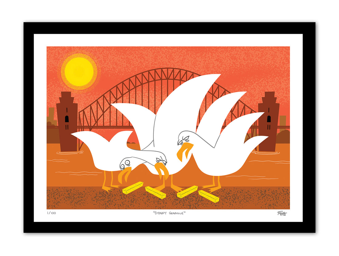 Illustration of seagulls with a bridge and sun in the background