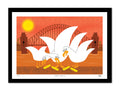 Illustration of three white birds with yellow feet on a red background with a bridge and sun.