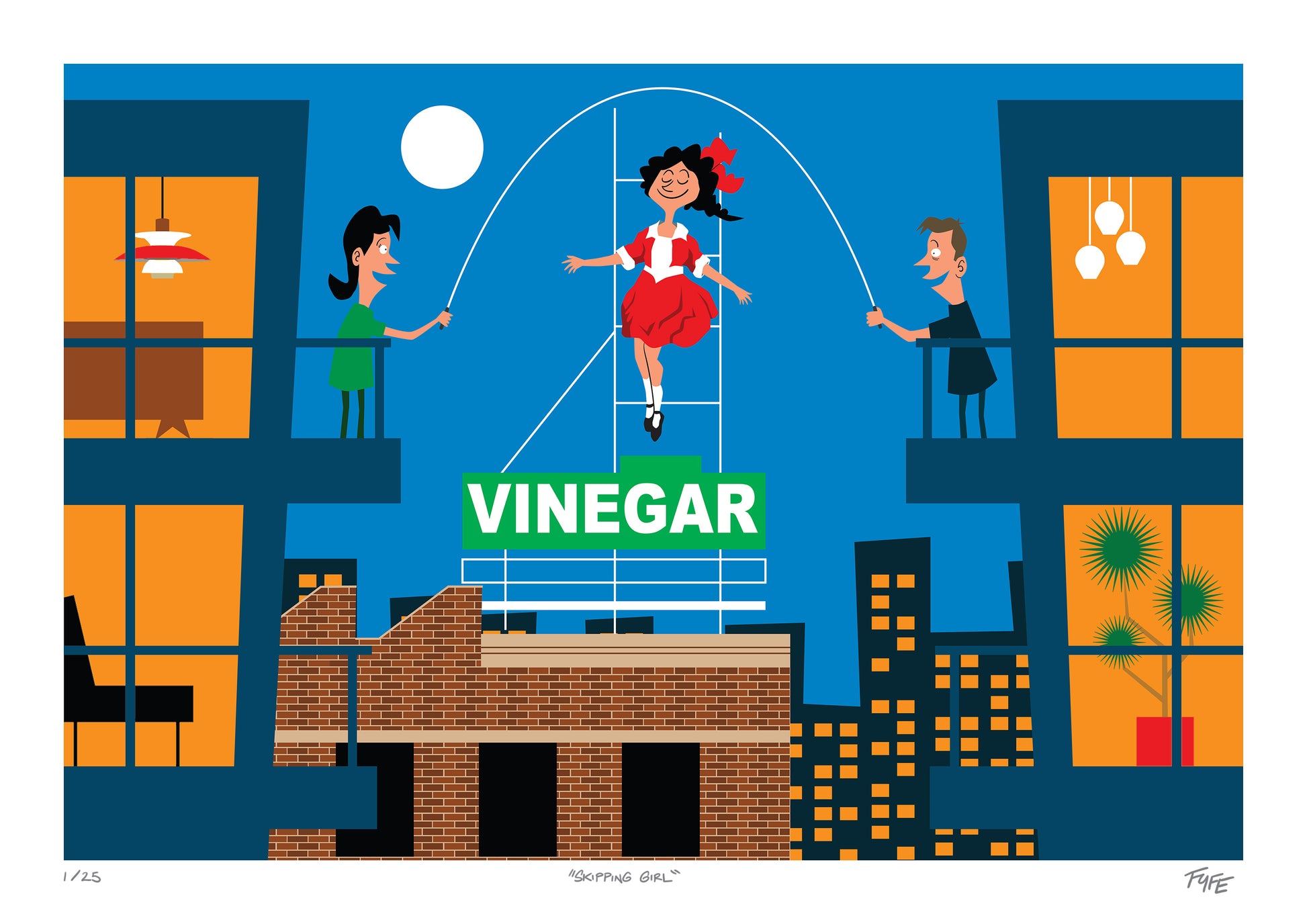 Cartoon illustration of a woman on a tightrope between two buildings with 'Vinegar' sign, set against a blue sky.