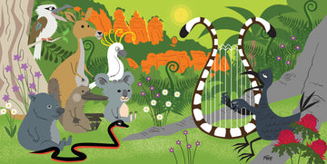 Illustration of animals in a forest with a harp and flowers