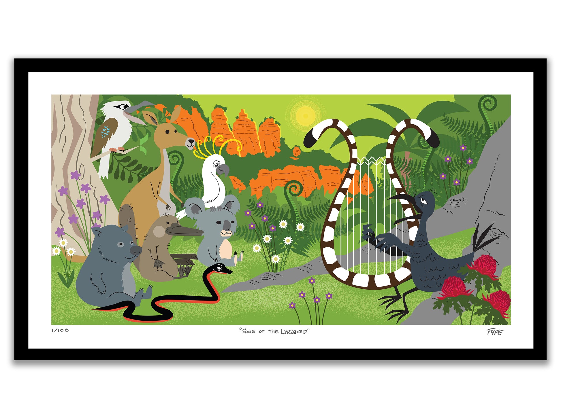 Framed artwork of animals playing instruments in a forest setting