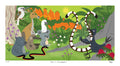 Illustration of animals and a harp in a colorful, nature-themed setting