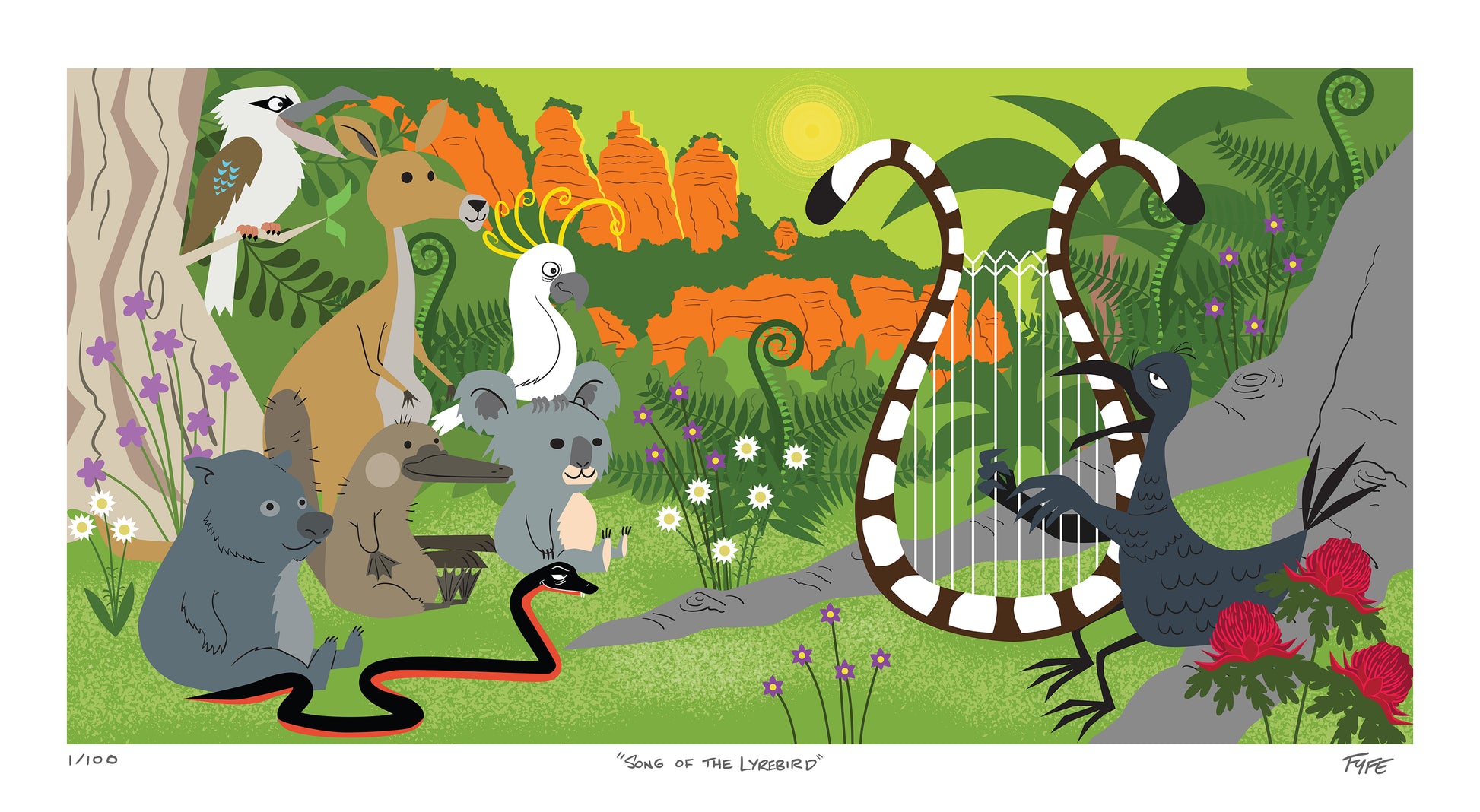 Illustration of animals and a harp in a colorful, nature-themed setting