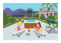 Cartoon-style illustration of two women sitting by a pool with a building and mountains in the background.