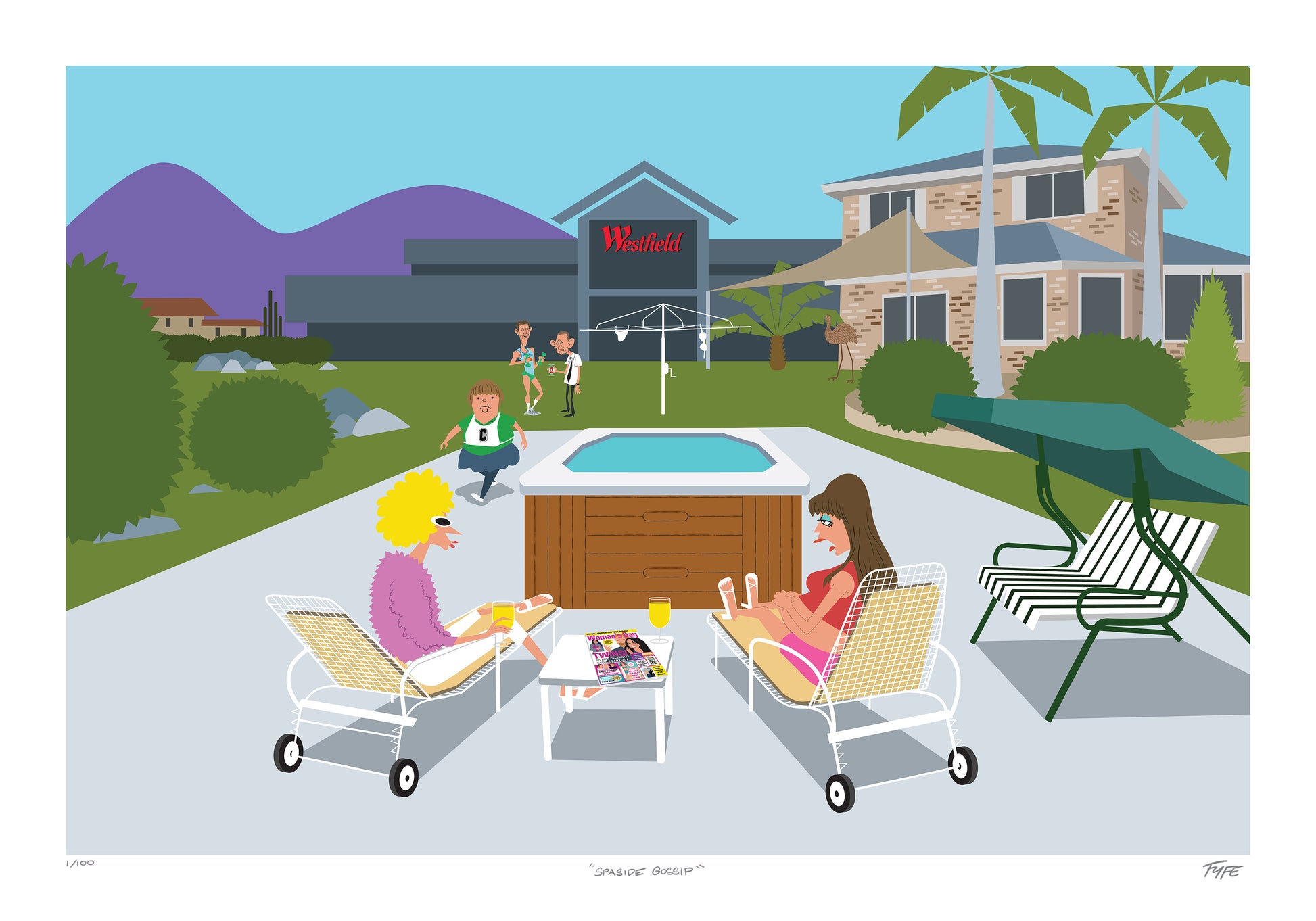 Cartoon-style illustration of two women sitting by a pool with a building and mountains in the background.
