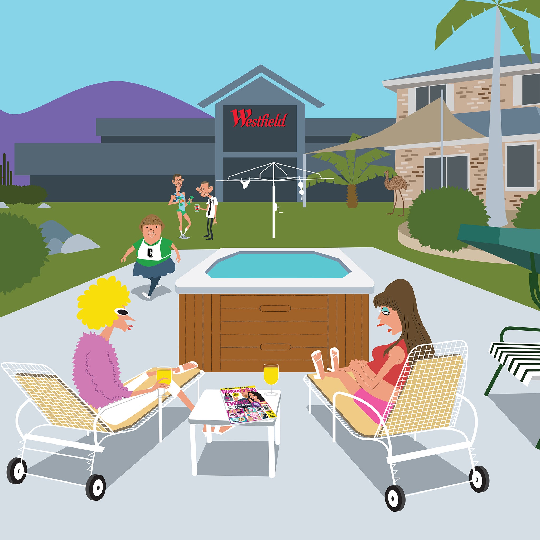 Cartoon scene of two women sitting by a hot tub in a residential area with a 'Red Roof' motel in the background.