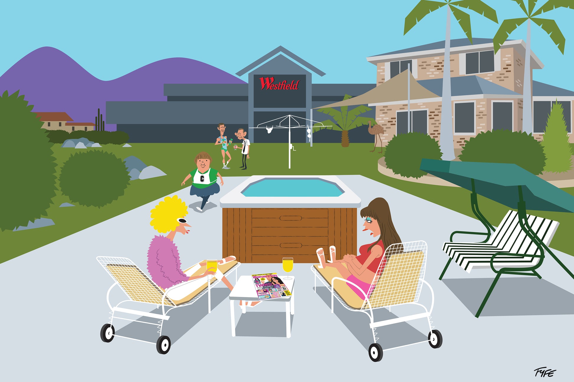 Cartoon scene of two women sitting by a hot tub in a residential area with a 'Red Roof' motel in the background.
