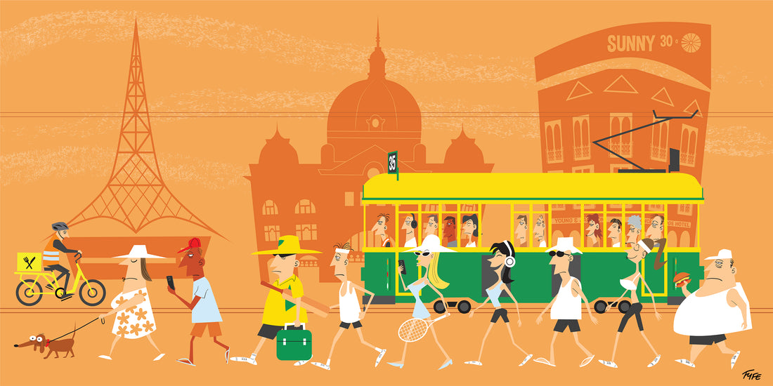 Illustration of a city street scene with people, a tram, and architectural landmarks on an orange background.