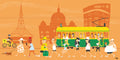 Illustration of a city street scene with people, a tram, and architectural landmarks on an orange background.