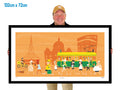 Man holding a large framed artwork of a city scene with people and a tram.