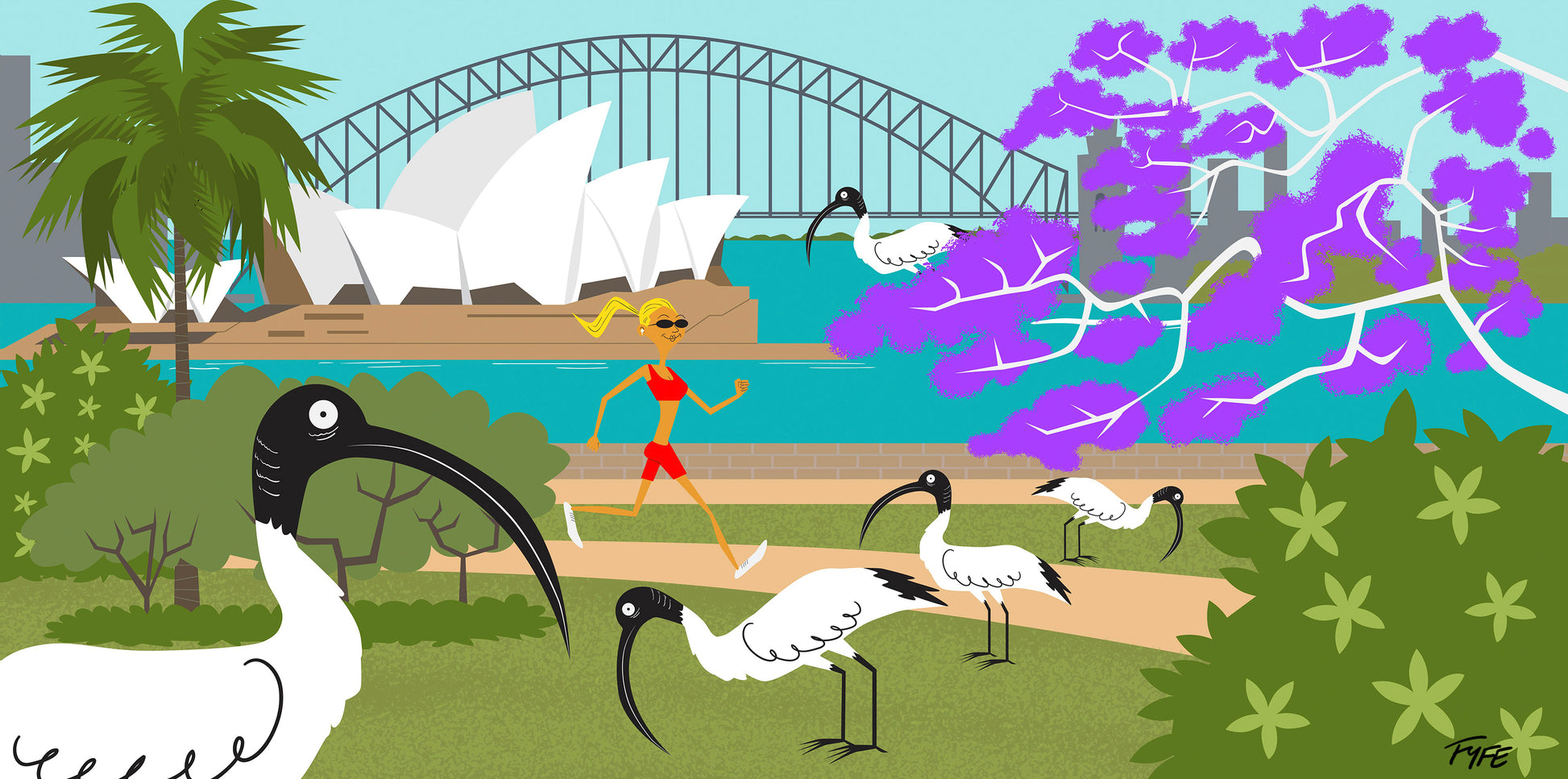 Cartoon illustration of a park scene with ibises, a bridge, and a opera house in the background.