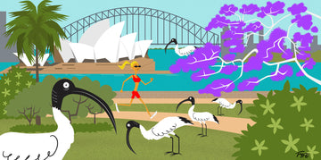 Cartoon illustration of a park scene with ibises, a bridge, and a opera house in the background.