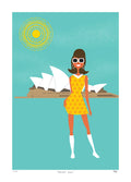 Illustration of a woman in a yellow dress standing in front of the Sydney Opera House.