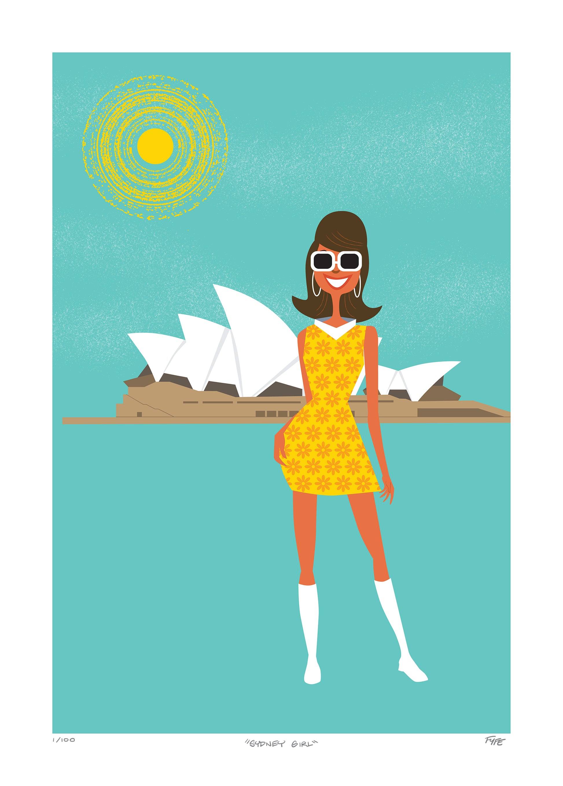 Illustration of a woman in a yellow dress standing in front of the Sydney Opera House.