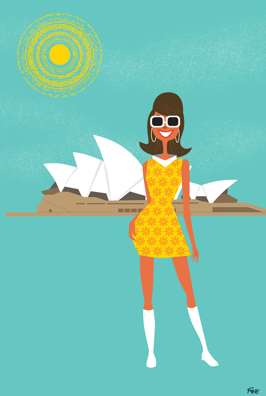 Illustration of a woman in a yellow dress standing in front of the Sydney Opera House.