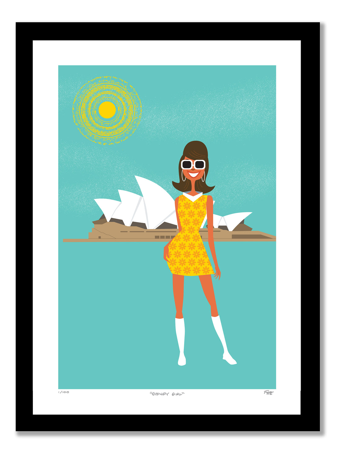 Illustration of a woman in a yellow dress standing in front of the Sydney Opera House.
