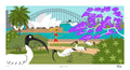 Illustration of Sydney Harbour with iconic landmarks, birds, and a bridge.