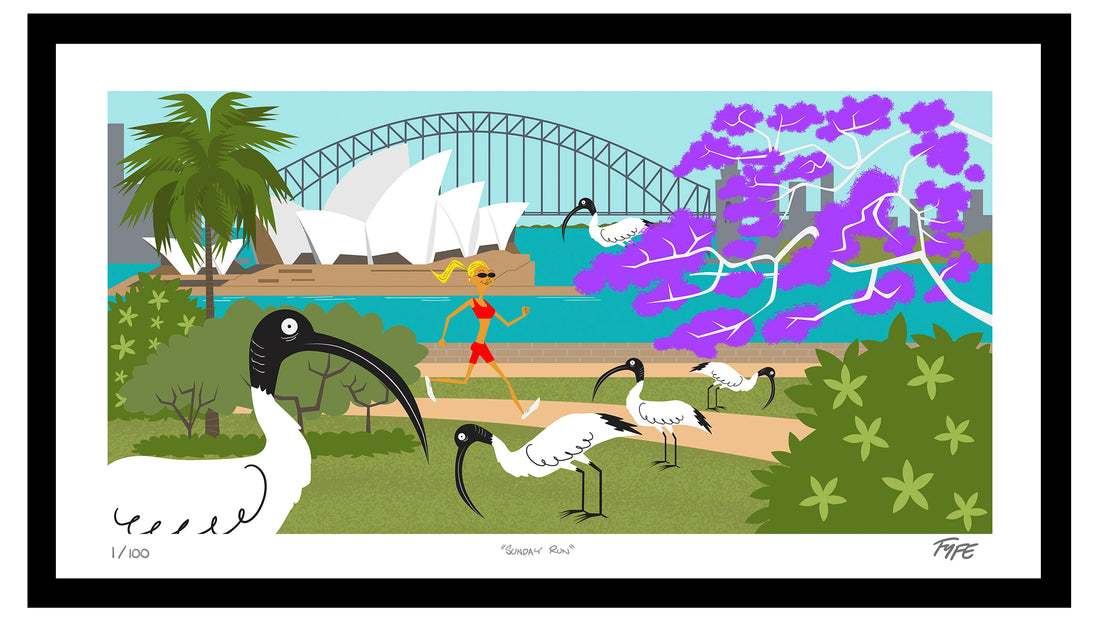 Cartoon illustration of a park scene with ibises, a bridge, and a opera house in the background.