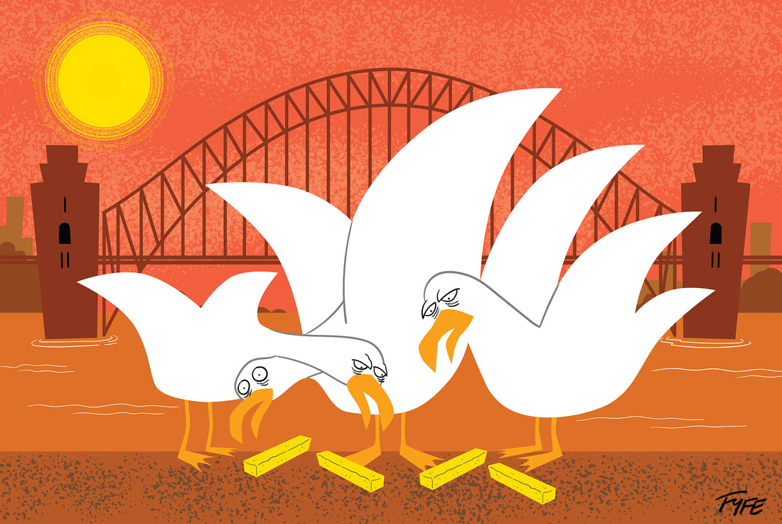 Illustration of seagulls with a bridge and sun in the background
