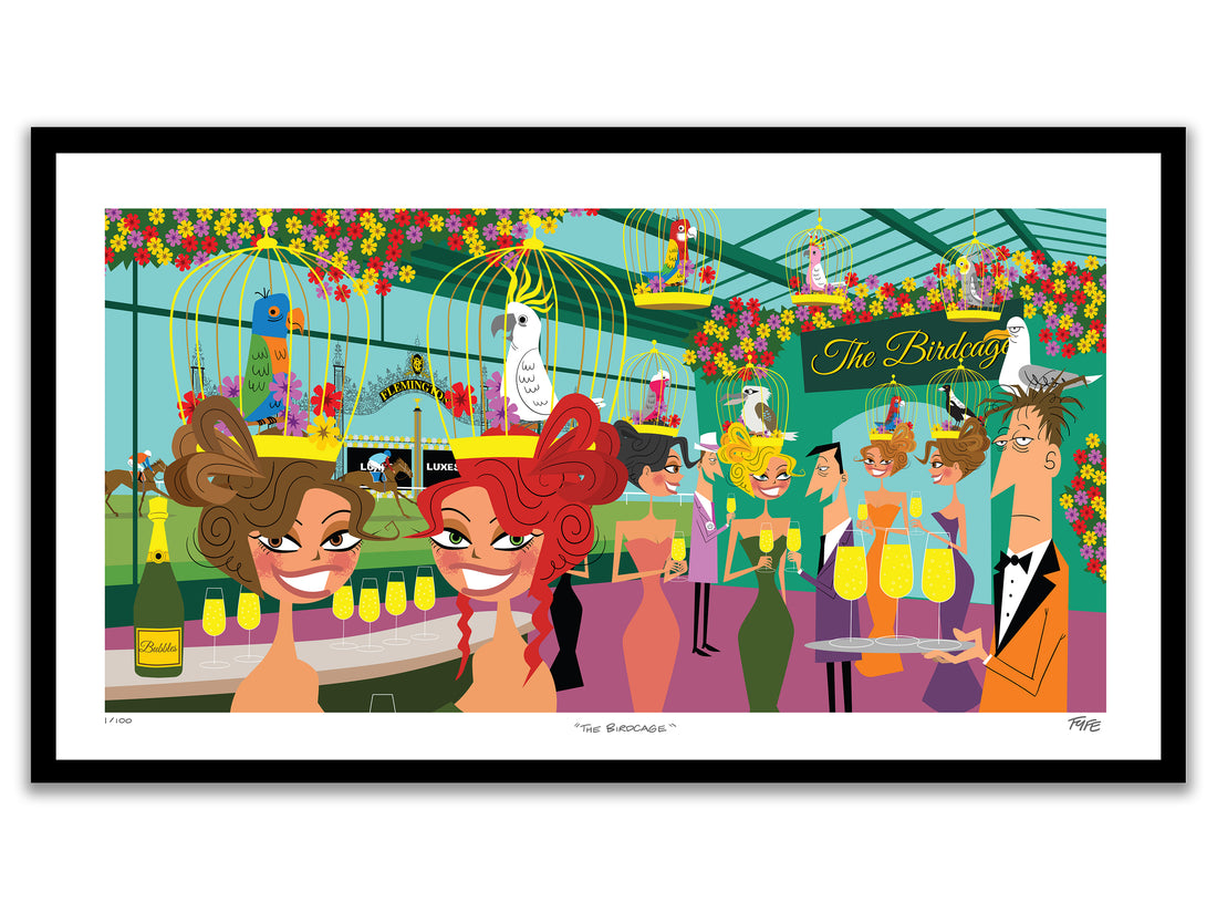 The Birdcage Melbourne Cup art print by Andrew Fyfe featuring women wearing Australian birdcage fascinators at Flemington.