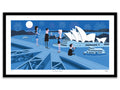Illustration of a romantic scene with people on a bridge and the Sydney Opera House in the background.