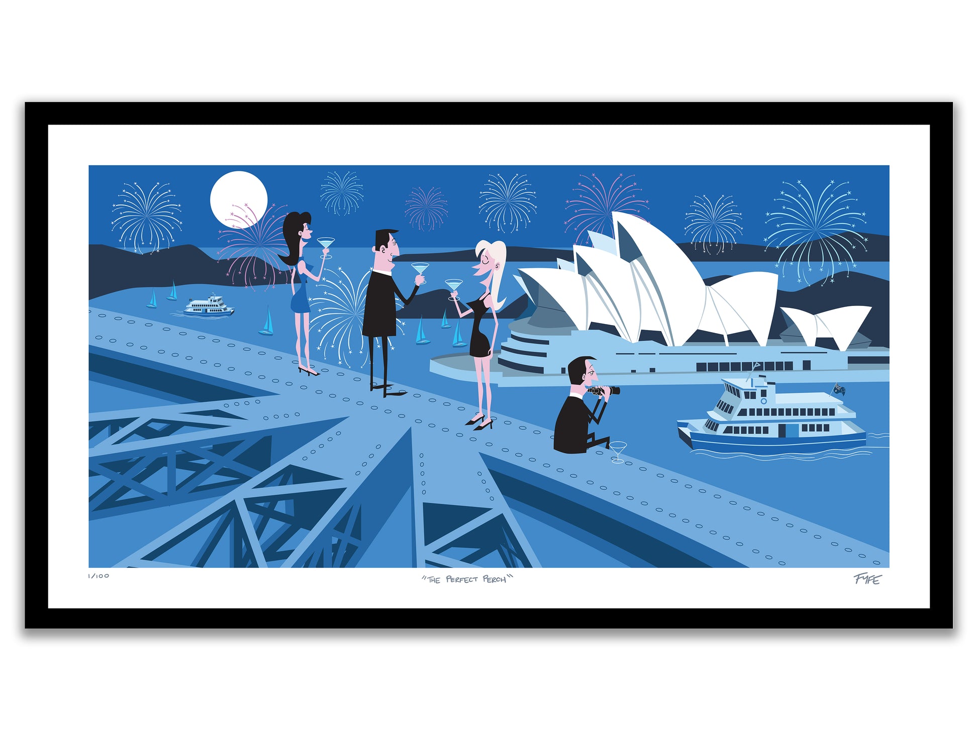 Illustration of a romantic scene with people on a bridge and the Sydney Opera House in the background.