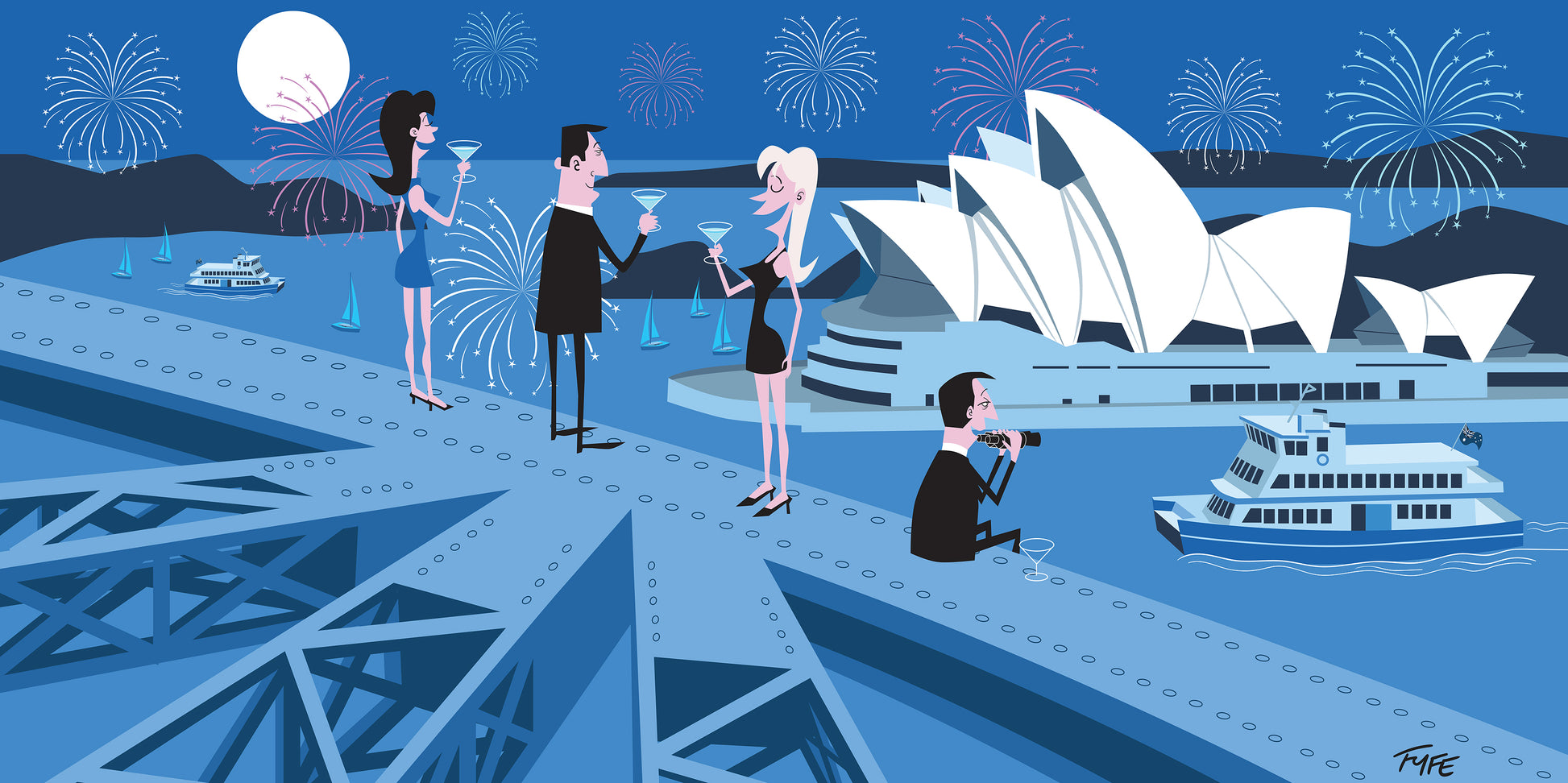 Illustration of a romantic scene with people by the Sydney Opera House at night.