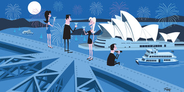 Illustration of a romantic scene with people by the Sydney Opera House at night.