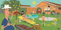 The Aussie Dream by Andrew Fyfe featuring a nostalgic Australian backyard with a Hills Hoist, backyard cricket, barbecue, totem tennis and classic 1970s–80s family life.