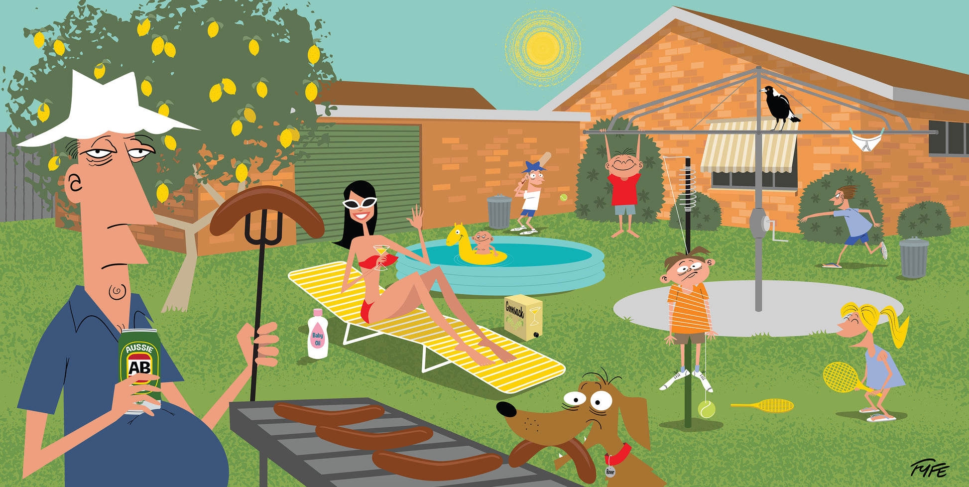 The Aussie Dream by Andrew Fyfe featuring a nostalgic Australian backyard with a Hills Hoist, backyard cricket, barbecue, totem tennis and classic 1970s–80s family life.