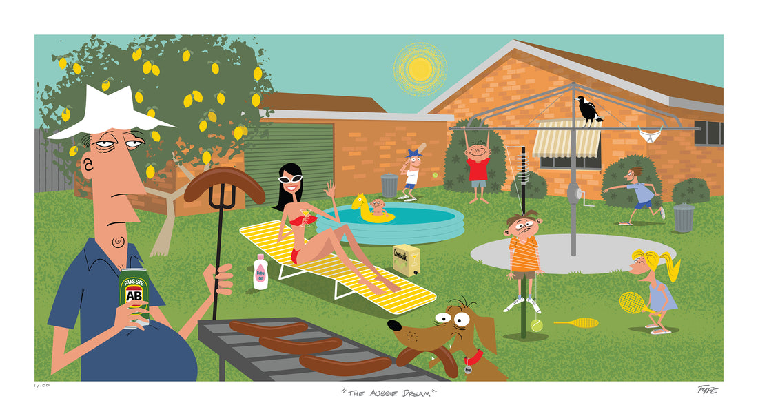 The Aussie Dream by Andrew Fyfe featuring a nostalgic Australian backyard with a Hills Hoist, backyard cricket, barbecue, totem tennis and classic 1970s–80s family life.