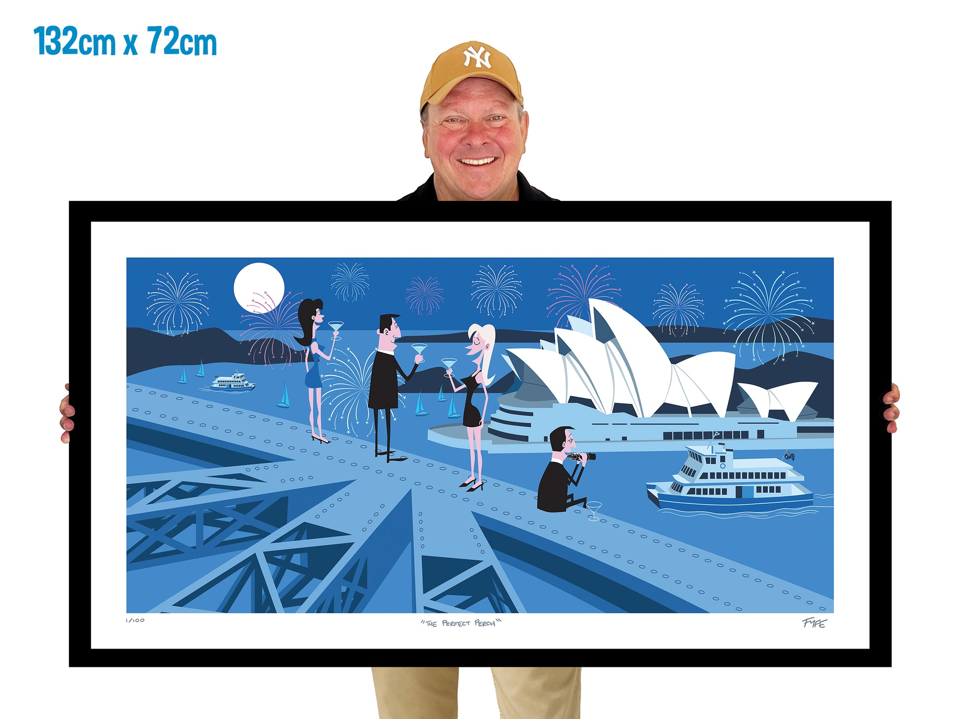 Person holding a framed artwork of the Sydney Opera House and Harbour Bridge.