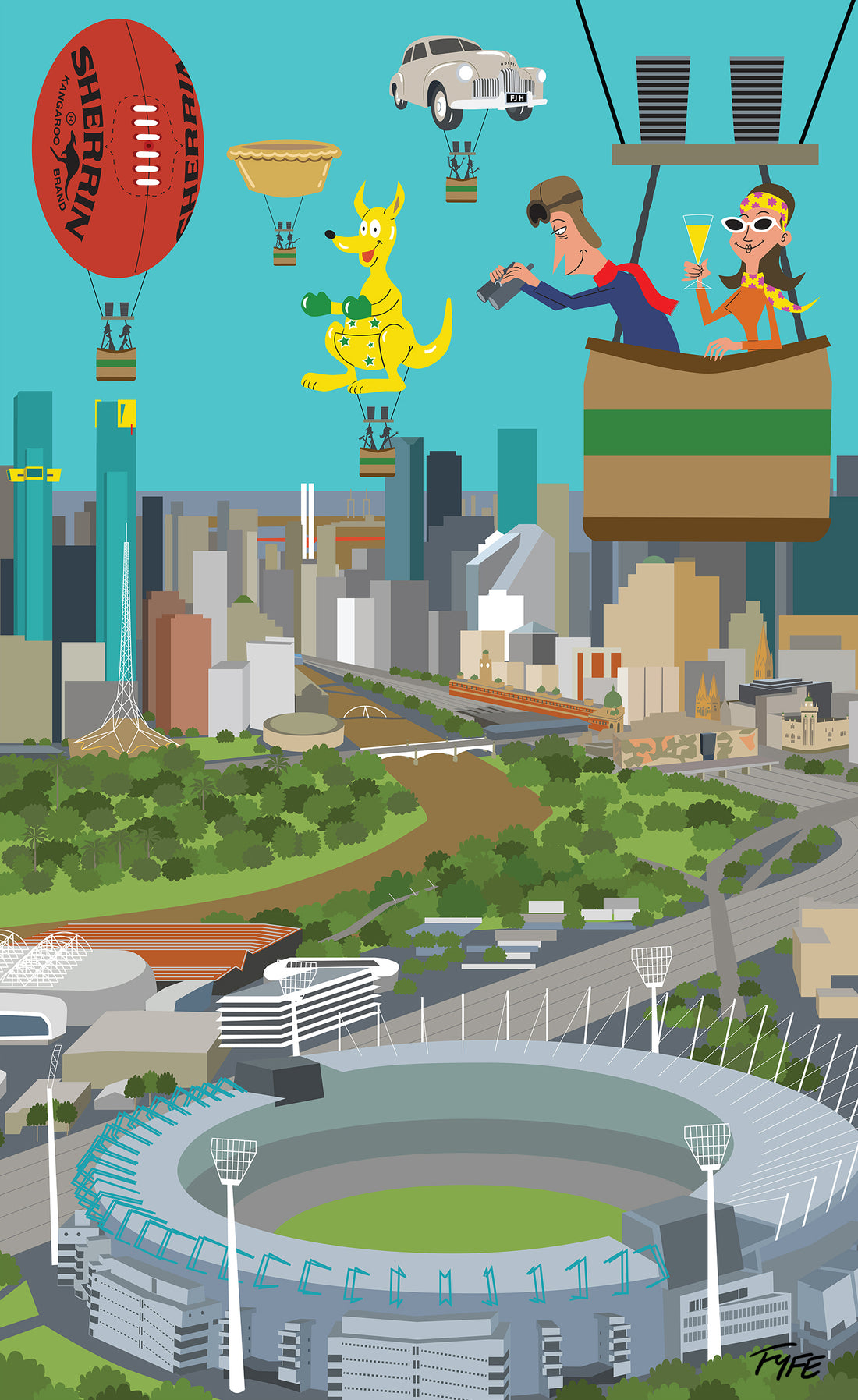 Illustration of a cityscape with hot air balloons, a dog, and people in a stadium.