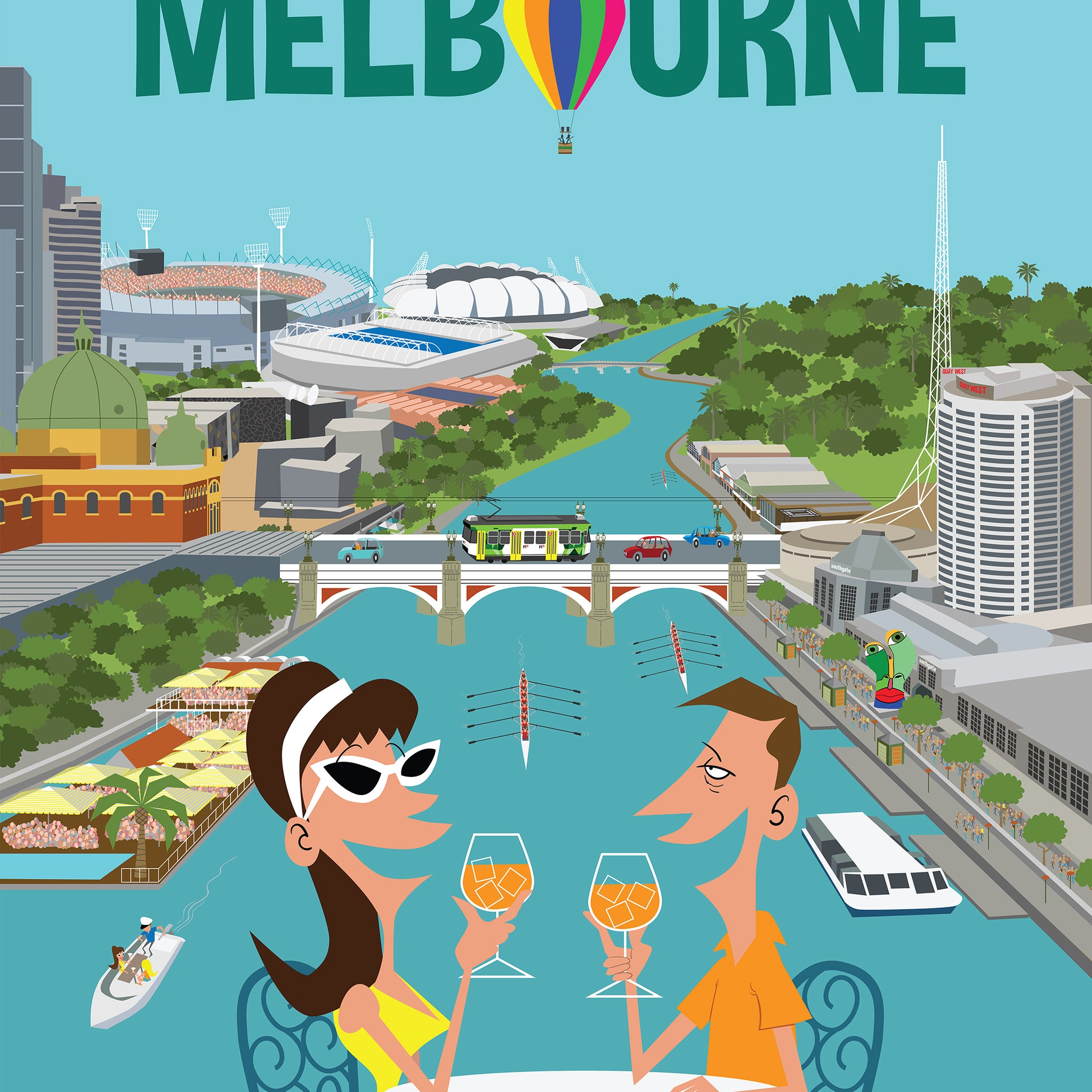 Illustration of Melbourne with two people enjoying a drink by the Yarra River, featuring the city skyline and iconic landmarks.