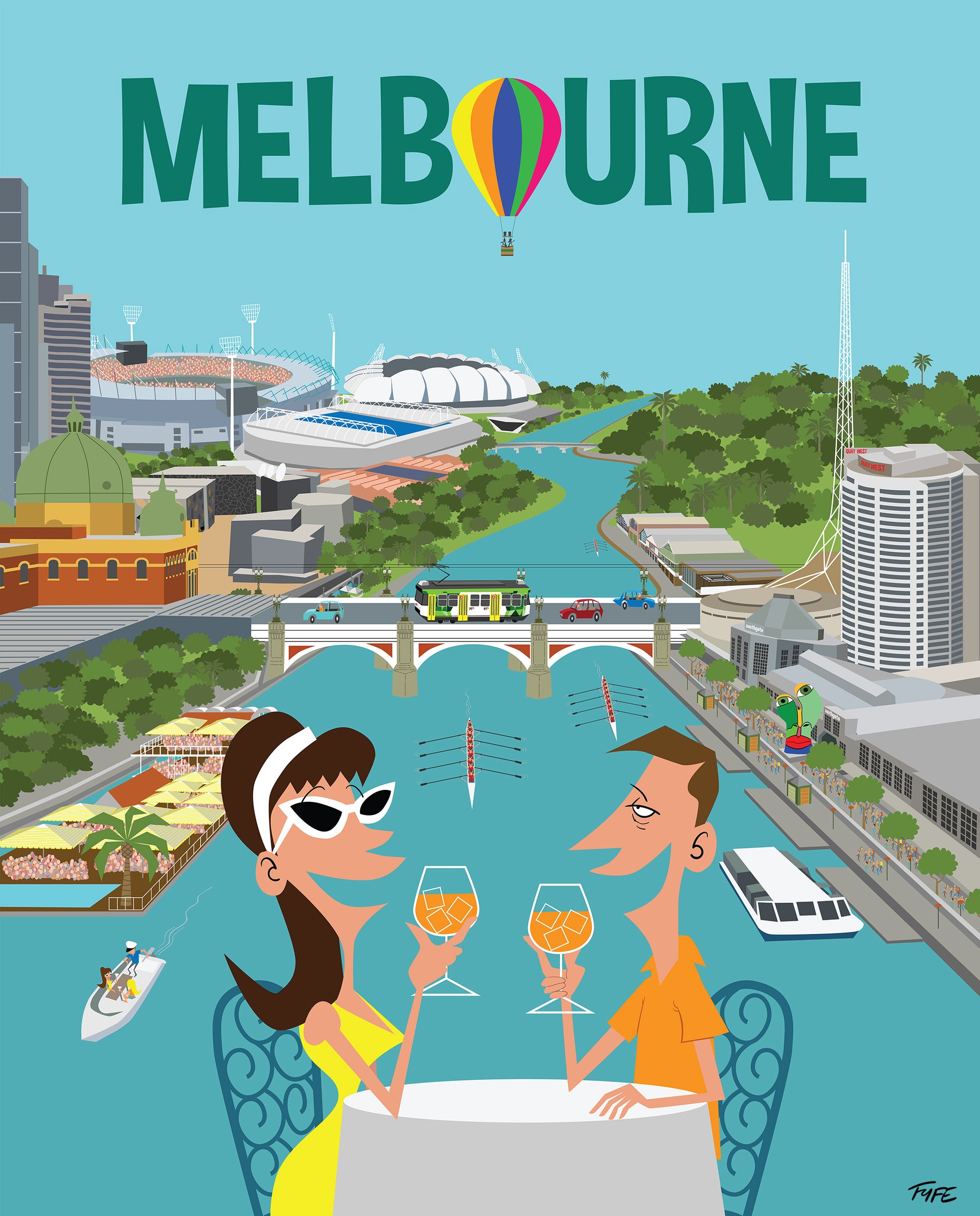 Illustration of Melbourne with two people enjoying a drink by the Yarra River, featuring the city skyline and iconic landmarks.
