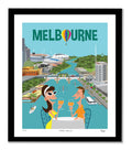 Illustration of Melbourne with two people sitting by a river, framed artwork.