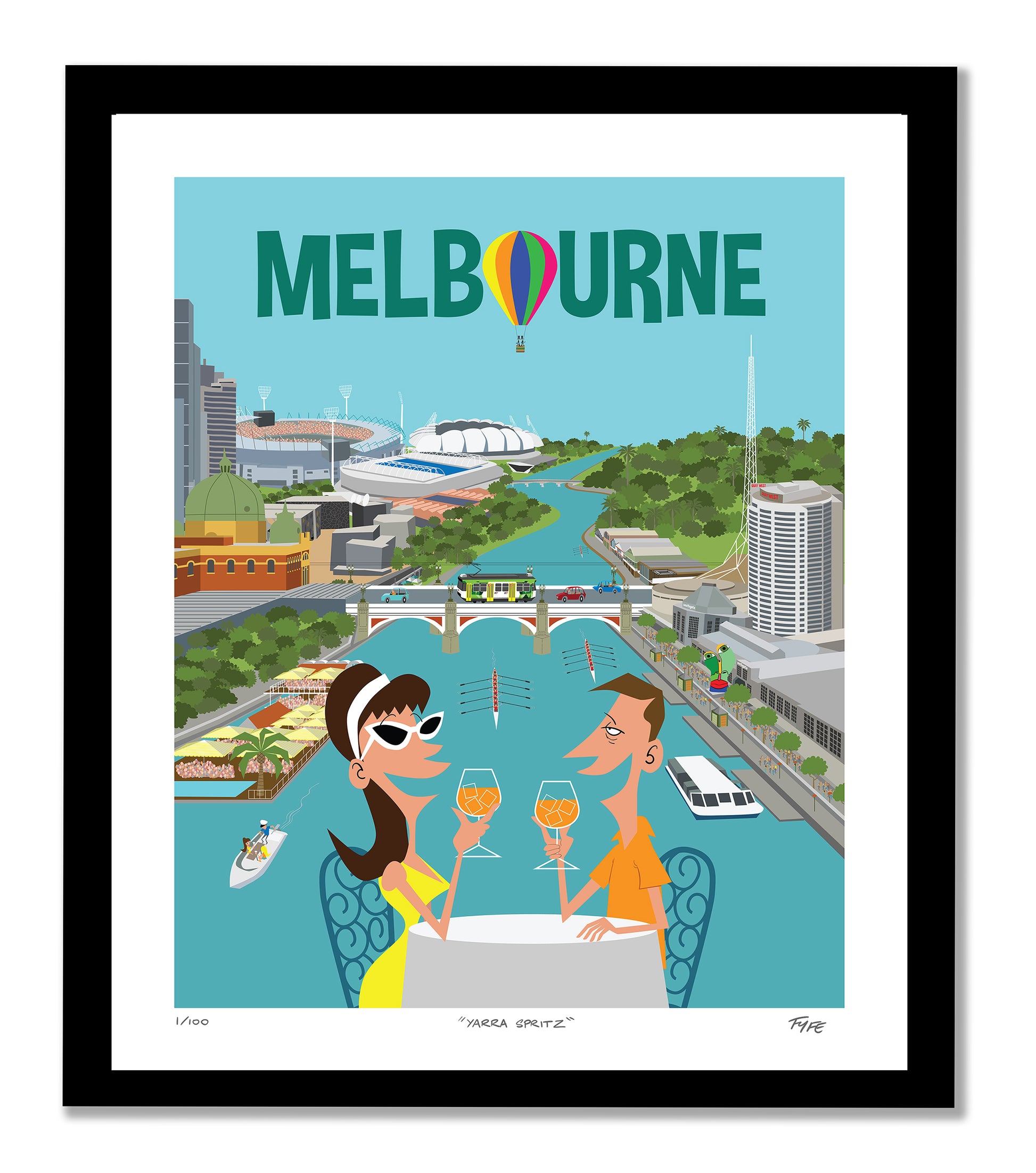 Illustration of Melbourne with two people sitting by a river, framed artwork.
