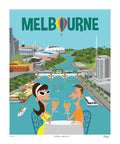 Illustration of two women enjoying drinks with a cityscape of Melbourne in the background.