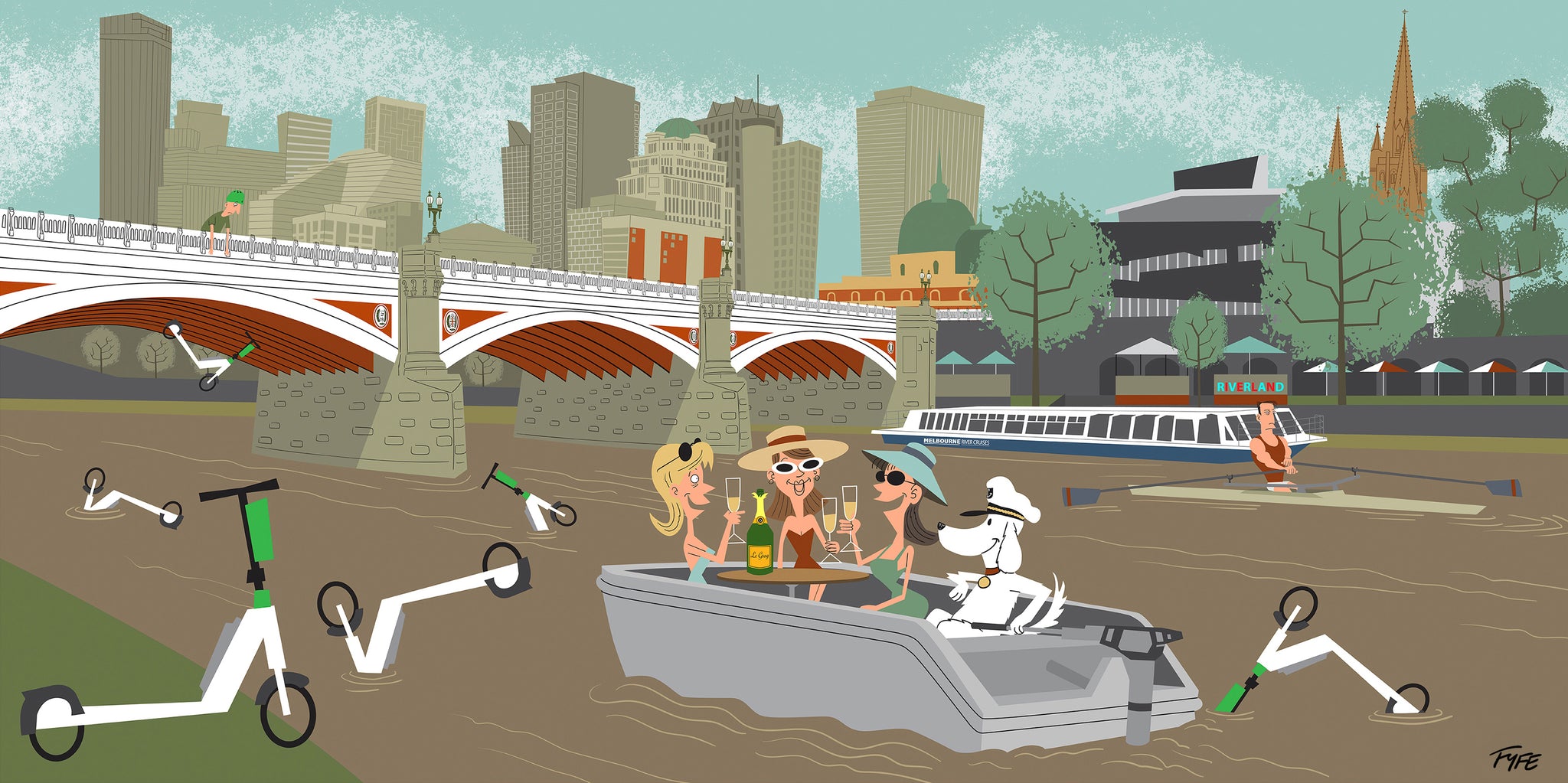 Cartoon scene of people on scooters and a boat in a city setting