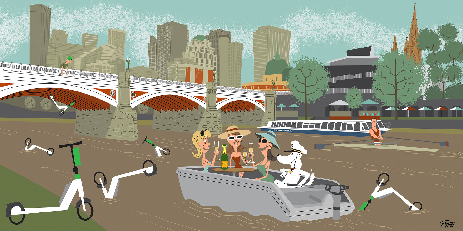 Cartoon scene of people on scooters and a boat in a city setting