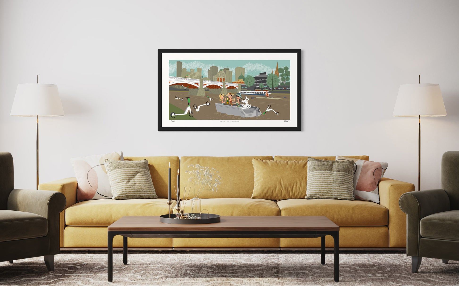 Living room with a yellow sofa, coffee table, and framed artwork on the wall.