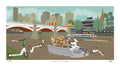 Illustration of a cityscape with people on a boat and a bike lying on the ground.