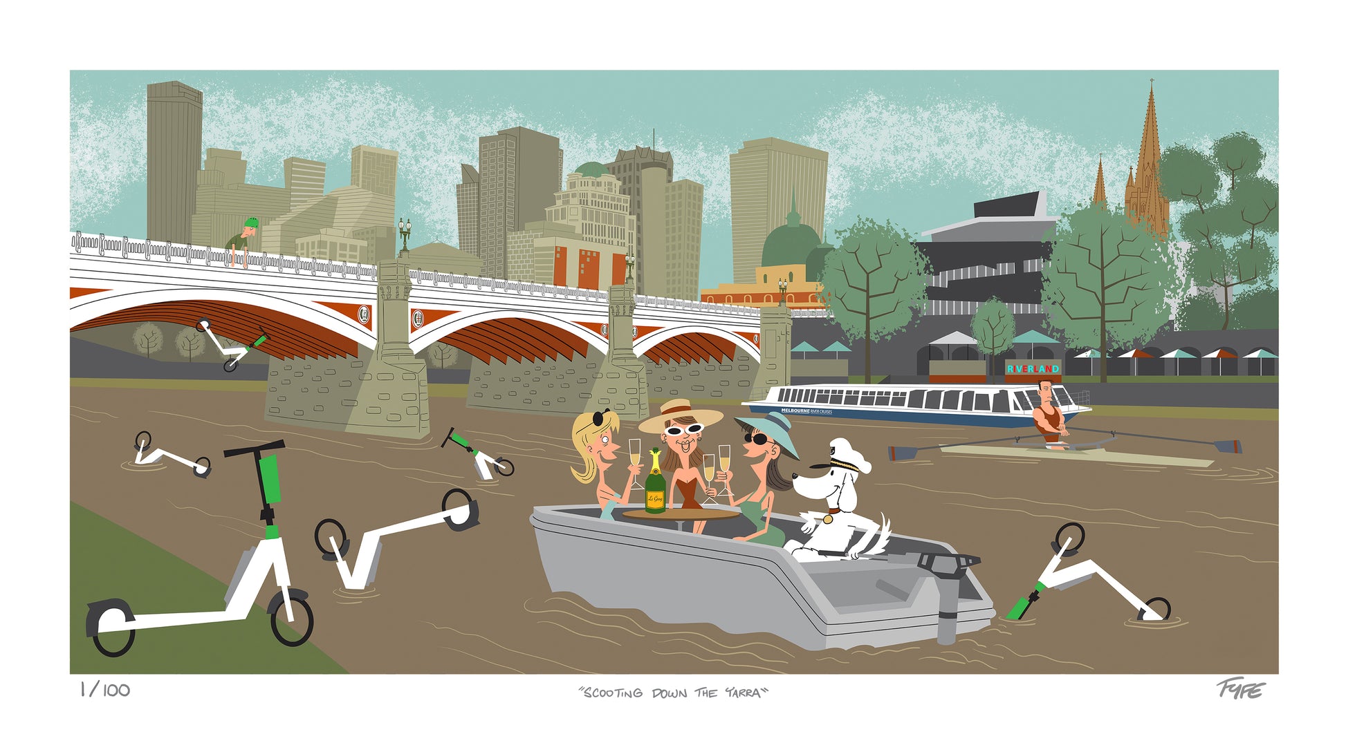 Illustration of a cityscape with people on a boat and a bike lying on the ground.