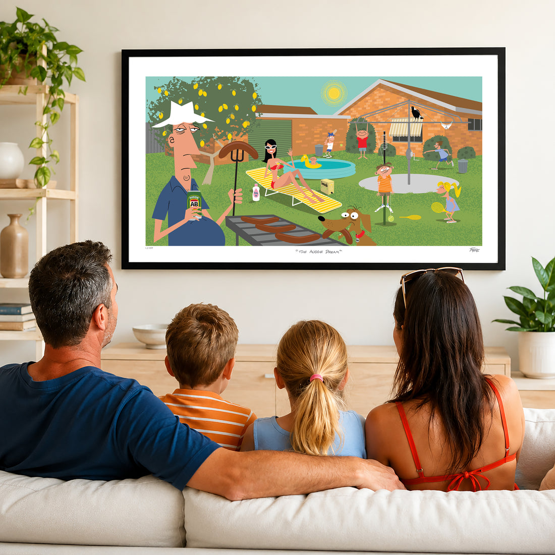 The Aussie Dream by Andrew Fyfe featuring a nostalgic Australian backyard with a Hills Hoist, backyard cricket, barbecue, totem tennis and classic 1970s–80s family life.