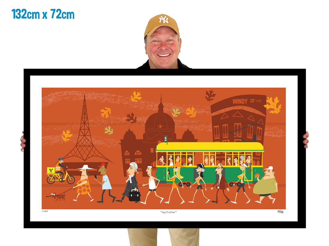 Illustration of a city street scene with people, a tram, and architectural elements on an orange background.