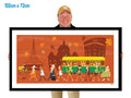 Person holding a framed illustration of a city scene with a tram and people.