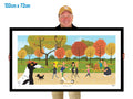 Person holding a large framed artwork of a park scene with people and a dog.