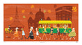 Illustration of a city street scene with people, a tram, and iconic landmarks.